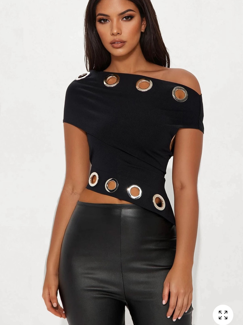 Fashion Nova Black One-Shoulder Grommet Crop Top